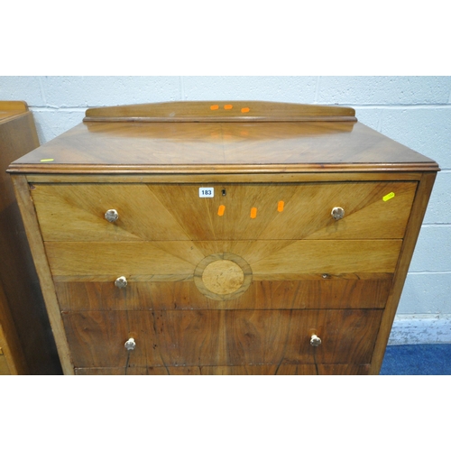 183 - AN EARLY 20TH CENTURY WALNUT CHEST OF FOUR LONG DRAWERS, with sunburst detail, on cabriole legs, wid... 