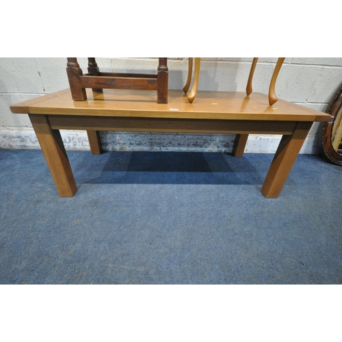 184 - A MODERN SOLID LIGHT OAK COFFEE TABLE, length 120cm x depth 60cm x height 45cm, along with a carved ... 