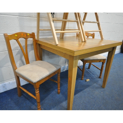 185 - AN OAK DRAW LEAF DINING TABLE, 90cm squared x height 77cm, pair of pine chairs and three folding cha... 