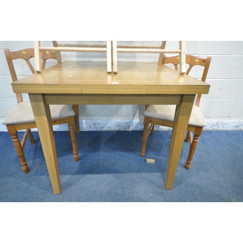 185 - AN OAK DRAW LEAF DINING TABLE, 90cm squared x height 77cm, pair of pine chairs and three folding cha... 