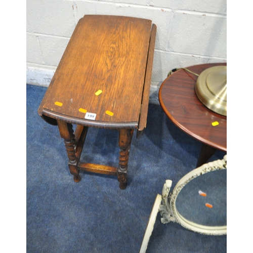 199 - A SELECTION OCCASIONAL FURNITURE, to include an oak drop leaf table, an oval coffee table, a lamp ta... 