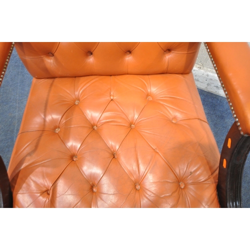 205 - A REPRODUCTION BLOOD ORANGE LEATHER BUTTONED GAINSBOROUGH ARMCHAIR, 72cm squared x height 100cm, con... 