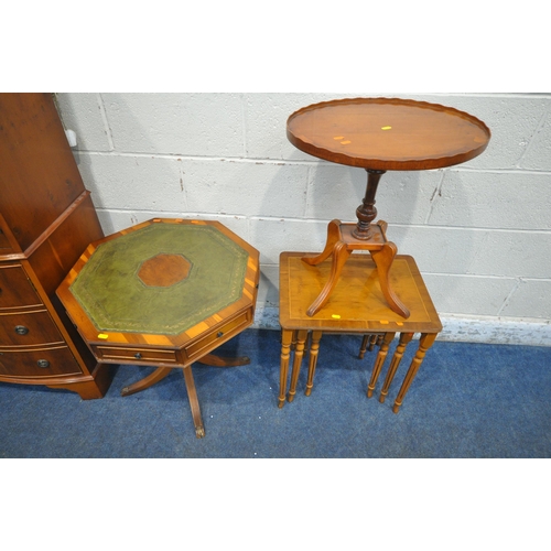 207 - A SELECTION OF YEW WOOD OCCASIONAL FURNITURE, to include a cabinet, with double cupboard doors, abov... 