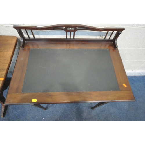 212 - A 20TH CENTURY MAHOGANY WRITING DESK, with a raised back, a writing surface, a single frieze drawer,... 