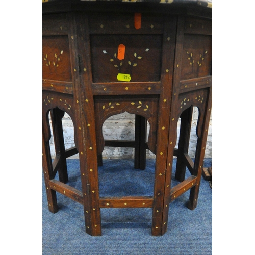 214 - A 20TH CENTURY OCTAGONAL HOSHIARPUR TABLE, with intricate inlay, diameter 56cm x height 51cm, along ... 