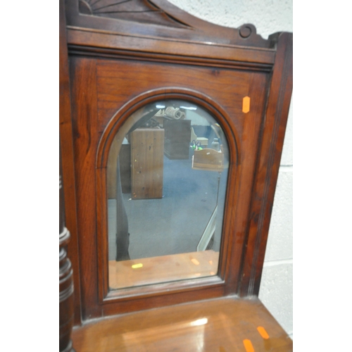 218 - A 20TH CENTURY MAHOGANY MIRROR BACK SIDEBOARD,  the raised back with twin arched bevelled mirror pla... 