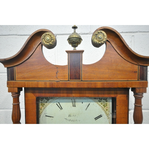 223 - A GEORGIAN OAK THIRTY HOUR LONGCASE CLOCK, the twin swan neck pediment, flanking a central finial, t... 