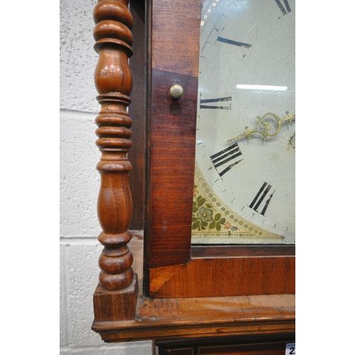 223 - A GEORGIAN OAK THIRTY HOUR LONGCASE CLOCK, the twin swan neck pediment, flanking a central finial, t... 