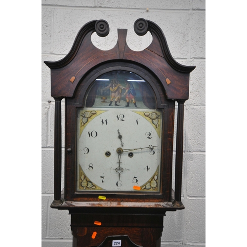 224 - A GEORGIAN OAK EIGHT DAY LONGCASE CLOCK, with twin swan neck pediment, the arched glass door enclosi... 