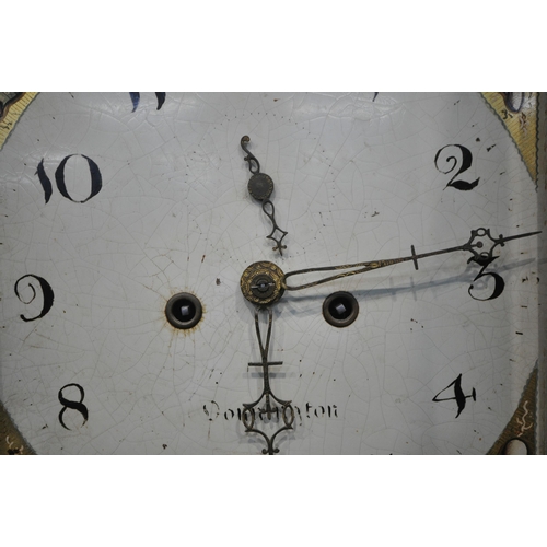 224 - A GEORGIAN OAK EIGHT DAY LONGCASE CLOCK, with twin swan neck pediment, the arched glass door enclosi... 