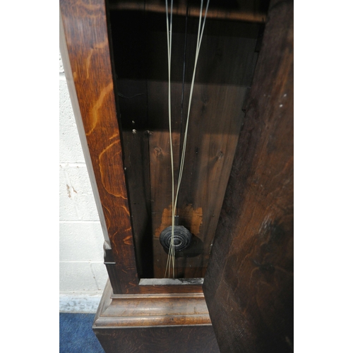 224 - A GEORGIAN OAK EIGHT DAY LONGCASE CLOCK, with twin swan neck pediment, the arched glass door enclosi... 