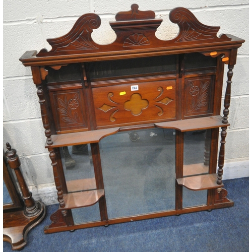 242 - A 20TH CENTURY MAHOGANY OVERMANTEL MIRROR, with central quatrefoil details, an arrangement of shelve... 