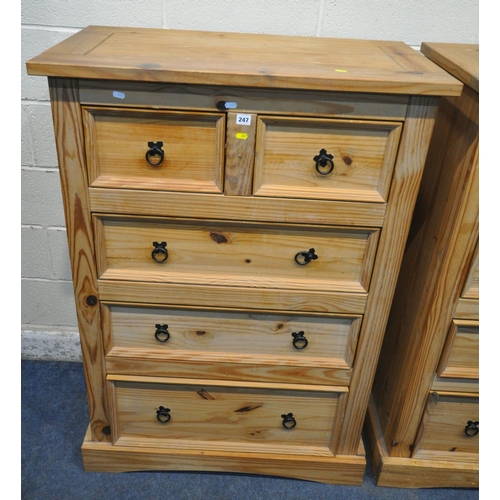 247 - A PAIR OF MODERN CORONA PINE CHESTS OF TWO SHORT OVER THREE LONG DRAWERS, width 90cm x depth 49cm x ... 