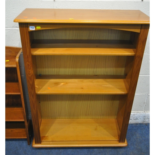 258 - A MODERN PINE OPEN BOOKCASE, width 88cm x depth 30cm x height 124cm, along with a smaller bookcase, ... 