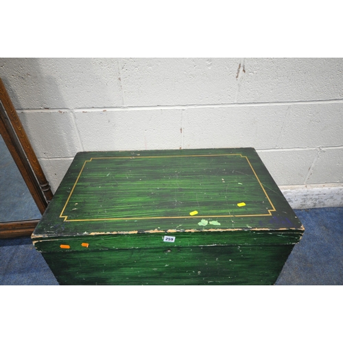 259 - A GREEN PAINTED STORAGE BOX, width 77cm x depth 45cm x height 45cm, along with an oak cheval mirror,... 