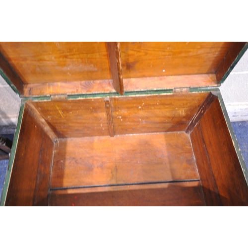 259 - A GREEN PAINTED STORAGE BOX, width 77cm x depth 45cm x height 45cm, along with an oak cheval mirror,... 