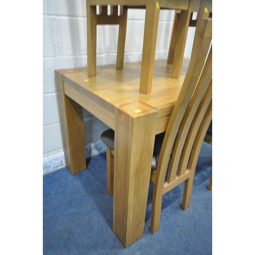 264 - A MODERN SOLID OAK DINING TABLE, 126cm x depth 78cm x height 80cm, and four chairs, with burgundy ch... 