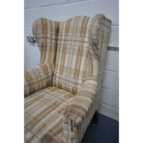 270 - A GEORGIAN MAHOGANY WING BACK ARMCHAIR, upholstered in tartan upholstery, on cabriole front legs and... 