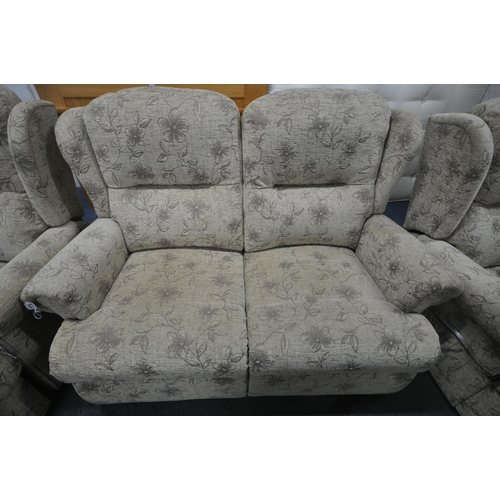 275 - A SHERBOURNE BEIGE AND FLORAL THREE PIECE LOUNGE SUITE, comprising a two seater sofa, length 143cm x... 