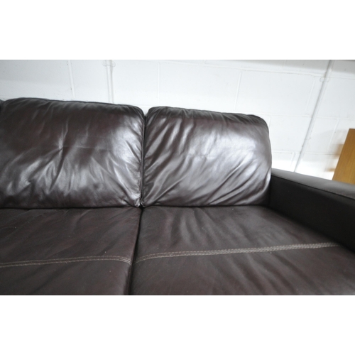 278 - A BROWN LEATHER THREE SEATER SOFA, length 216cm x depth 94cm x depth 84cm, condition report: general... 