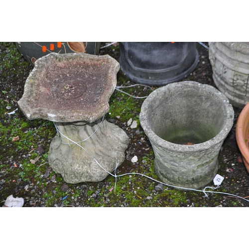 12 - A COLLECTION OF GARDEN POTS AND ORNAMENTS,including a modern composite bird bath, height 34cm, two m... 