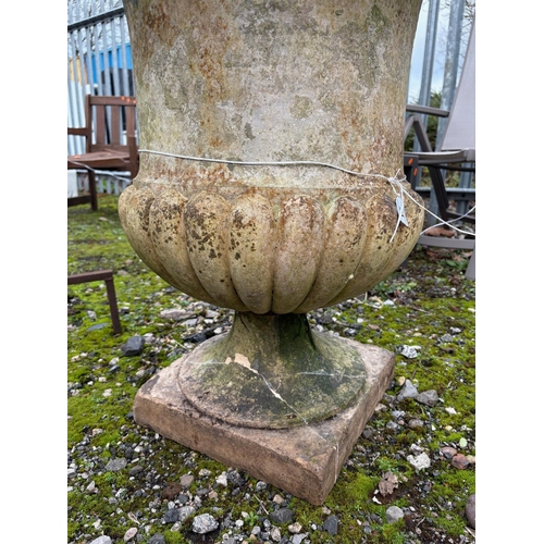 15 - A LARGE WEATHERED CERAMIC CAMPAGNA STYLE GARDEN URN, with a fluted bowl, height 77cm, Condition Repo... 