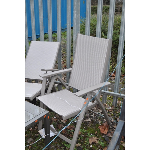 2 - A PAIR OF MODERN FOLDING GARDEN CHAIRS, with metal frames and woven grey seats and backs, along with... 