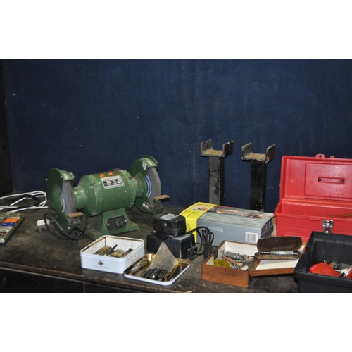 77 - A COLLECTION OF TOOLS including a Tulco Bench grinder (PAT fail due to broken plug but working), a B... 