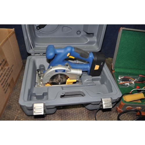 80 - A TRAY CONTAINING POWER TOOLS including Draper 18v circular saw with two batteries and charger, a 24... 