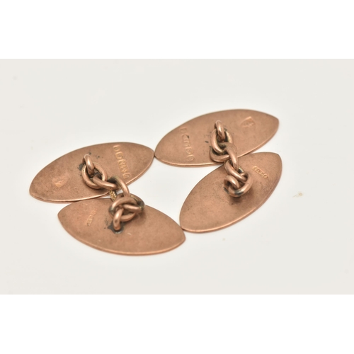 405 - A PAIR OF 9CT GOLD CUFFLINKS, navette form cufflinks with scrolling acanthus detail, chain link fitt... 