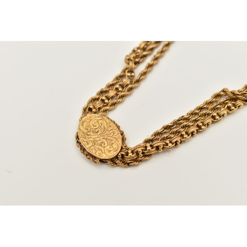 408 - AN EARLY 20TH CENTURY ALBERTINA, a yellow metal triple chain Albertina fitted with a sliding panel, ... 