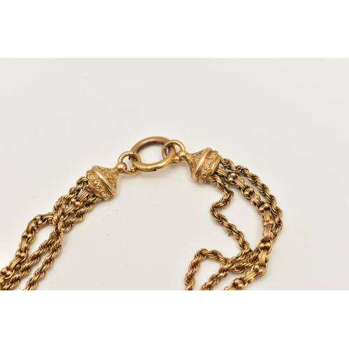 408 - AN EARLY 20TH CENTURY ALBERTINA, a yellow metal triple chain Albertina fitted with a sliding panel, ... 