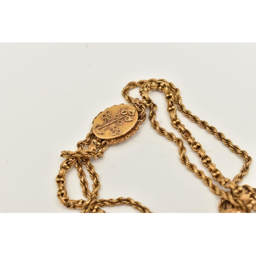 408 - AN EARLY 20TH CENTURY ALBERTINA, a yellow metal triple chain Albertina fitted with a sliding panel, ... 