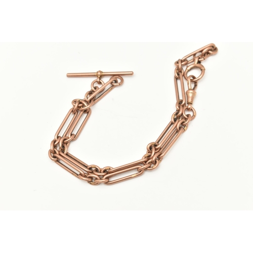 409 - A 9CT GOLD ALBERT CHAIN, a rose gold fetter link chain, fitted with a T-bar, lobster clasp and large... 