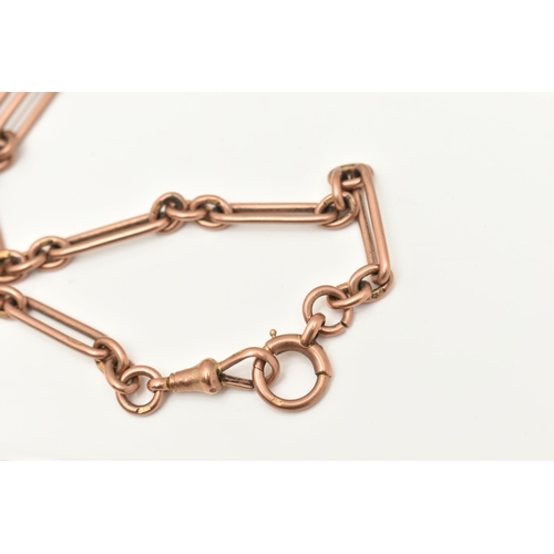 409 - A 9CT GOLD ALBERT CHAIN, a rose gold fetter link chain, fitted with a T-bar, lobster clasp and large... 