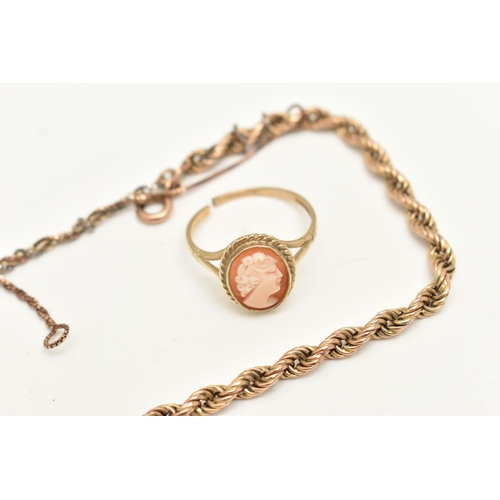 410 - TWO 9CT GOLD JEWELLERY ITEMS, to include an AF rope chain bracelet, hallmarked 9ct Sheffield import,... 