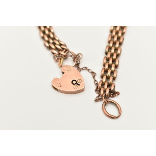 412 - A 9CT GOLD BRACELET, a rose gold brick link bracelet, fitted with a heart padlock clasp, hallmarked ... 