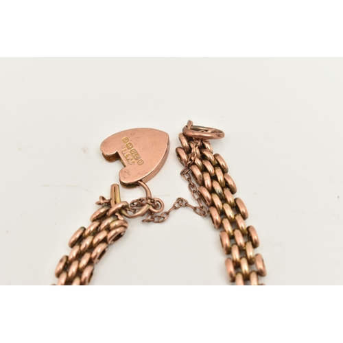 412 - A 9CT GOLD BRACELET, a rose gold brick link bracelet, fitted with a heart padlock clasp, hallmarked ... 