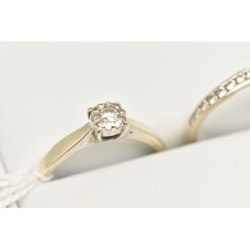 422 - TWO 9CT GOLD DIAMOND RINGS, a diamond cluster set with a round brilliant cut and a surround of ten s... 