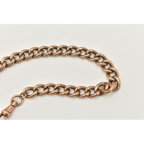 423 - A YELLOW METAL ALBERT CHAIN, a curb link chain, fitted with a T-bar and lobster clasp, approximate l... 