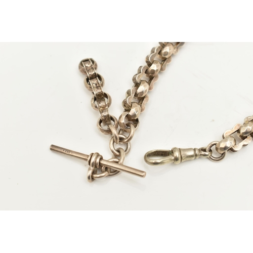 424 - A WHITE METAL ALBERT CHAIN, a fancy trombone link chain, fitted with a T-bar and spring clasp, appro... 