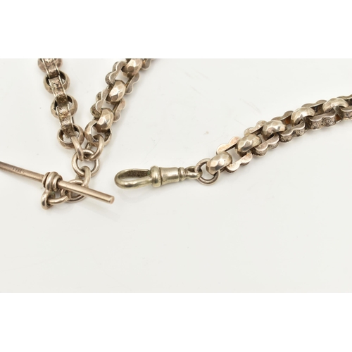 424 - A WHITE METAL ALBERT CHAIN, a fancy trombone link chain, fitted with a T-bar and spring clasp, appro... 