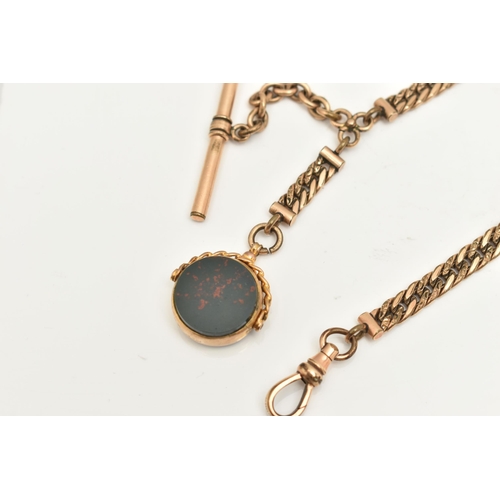 425 - A 9CT GOLD SPINING FOB AND CHAIN, a circular form yellow gold spinning fob, set with bloodstone and ... 