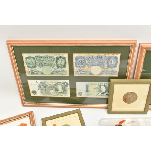 565 - A SMALL SELECTION OF BANKNOTES COINS AND COMMEMORATIVES, to include a glazed Peppiatt White Five Pou... 