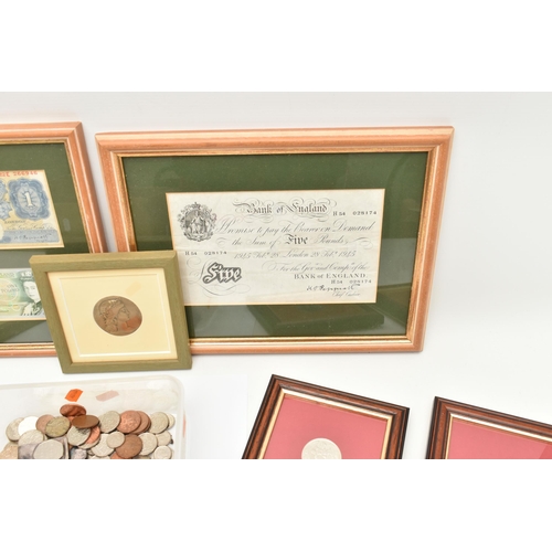 565 - A SMALL SELECTION OF BANKNOTES COINS AND COMMEMORATIVES, to include a glazed Peppiatt White Five Pou... 