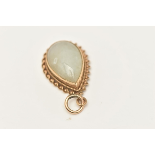 430 - A 9CT GOLD JADE PENDANT, of a pear drop shape, set with a pear cut jade cabochon, collet set within ... 