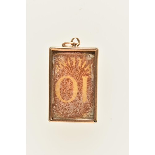 434 - A 9CT GOLD ONE SHILLING BANKNOTE CHARM, of a rectangular form, engraved 'In emergency break glass', ... 