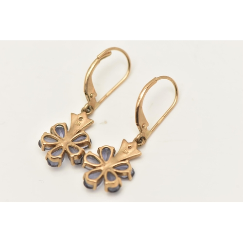 436 - A PAIR OF YELLOW METAL GEM SET DROP EARRINGS, each earring of a flower cluster shape set with pear c... 