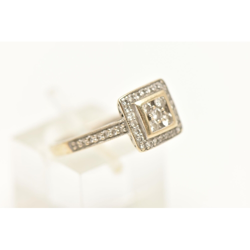 444 - AN 18CT WHITE GOLD DIAMOND CLUSTER RING, of a square form, set with round brilliant cut diamonds, wi... 