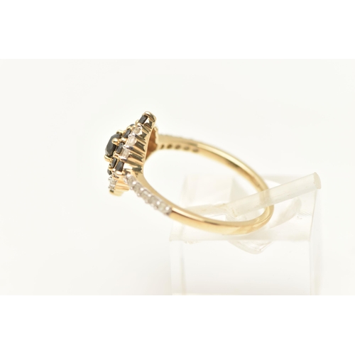 450 - A 9CT GOLD GEM SET RING, designed as a circular cluster of deep blue sapphires and single cut diamon... 